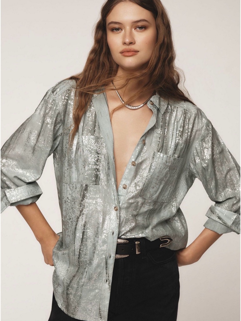 NWT Anthropologie Pilcro Foil Shine Button Down Shirt
